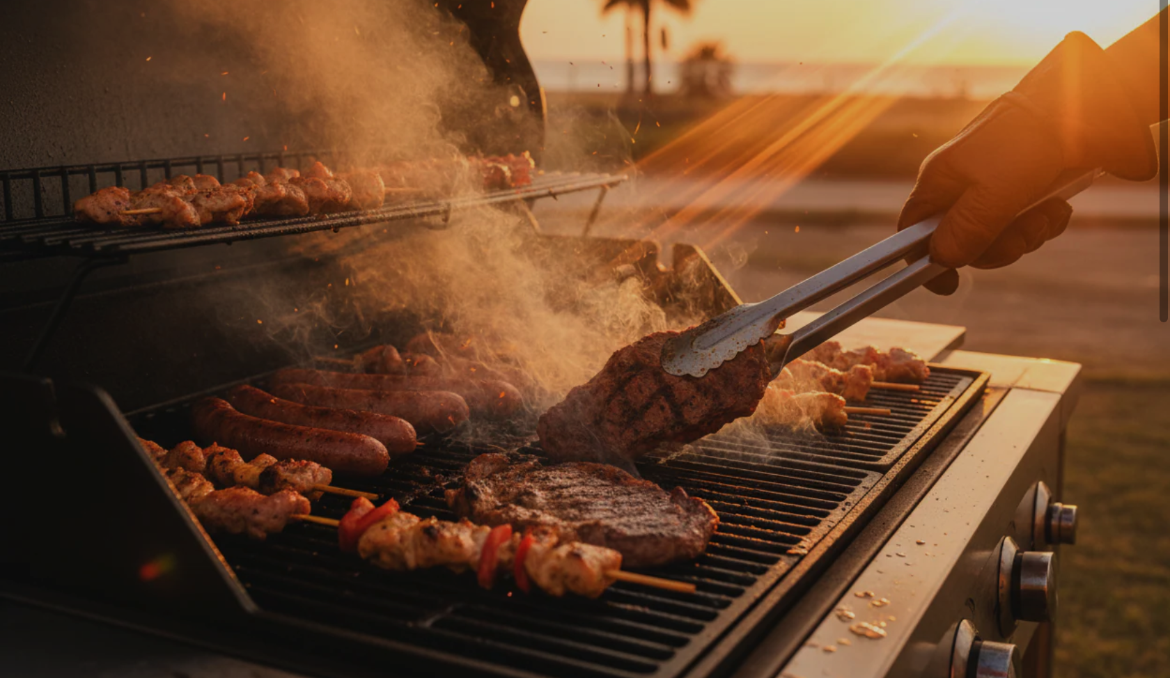 Barbecue au coucher du soleil avec viandes et brochettes grillées